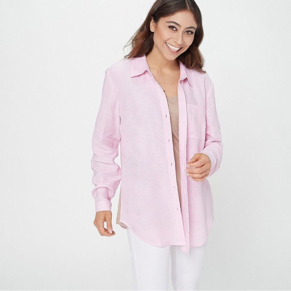 Susan Graver Pink Linen Button Down Shirt Top Long Sleeve Pastel Layered Look